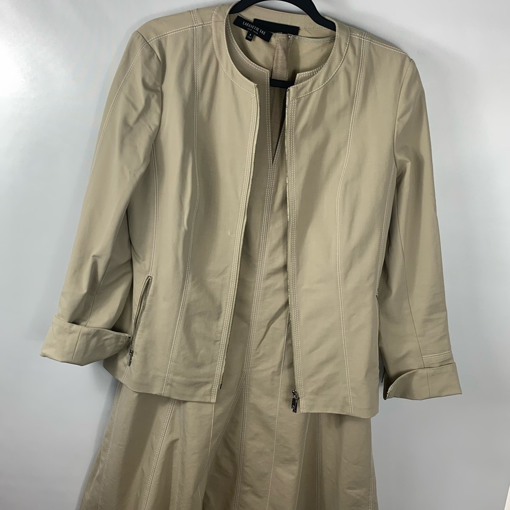 Lafayette 148 New York Elegant 2-Piece Beige A-line 
V-neck Dress & Jacket Sz 6